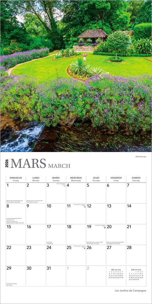 Les Jardins de Campagne | 2026 12 x 24 Inch (Hanging) Monthly Square Wall Calendar | French Language