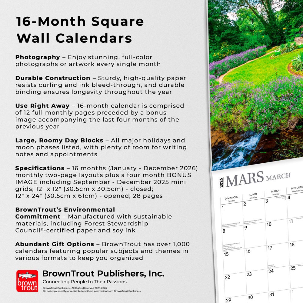 Les Jardins de Campagne | 2026 12 x 24 Inch (Hanging) Monthly Square Wall Calendar | French Language