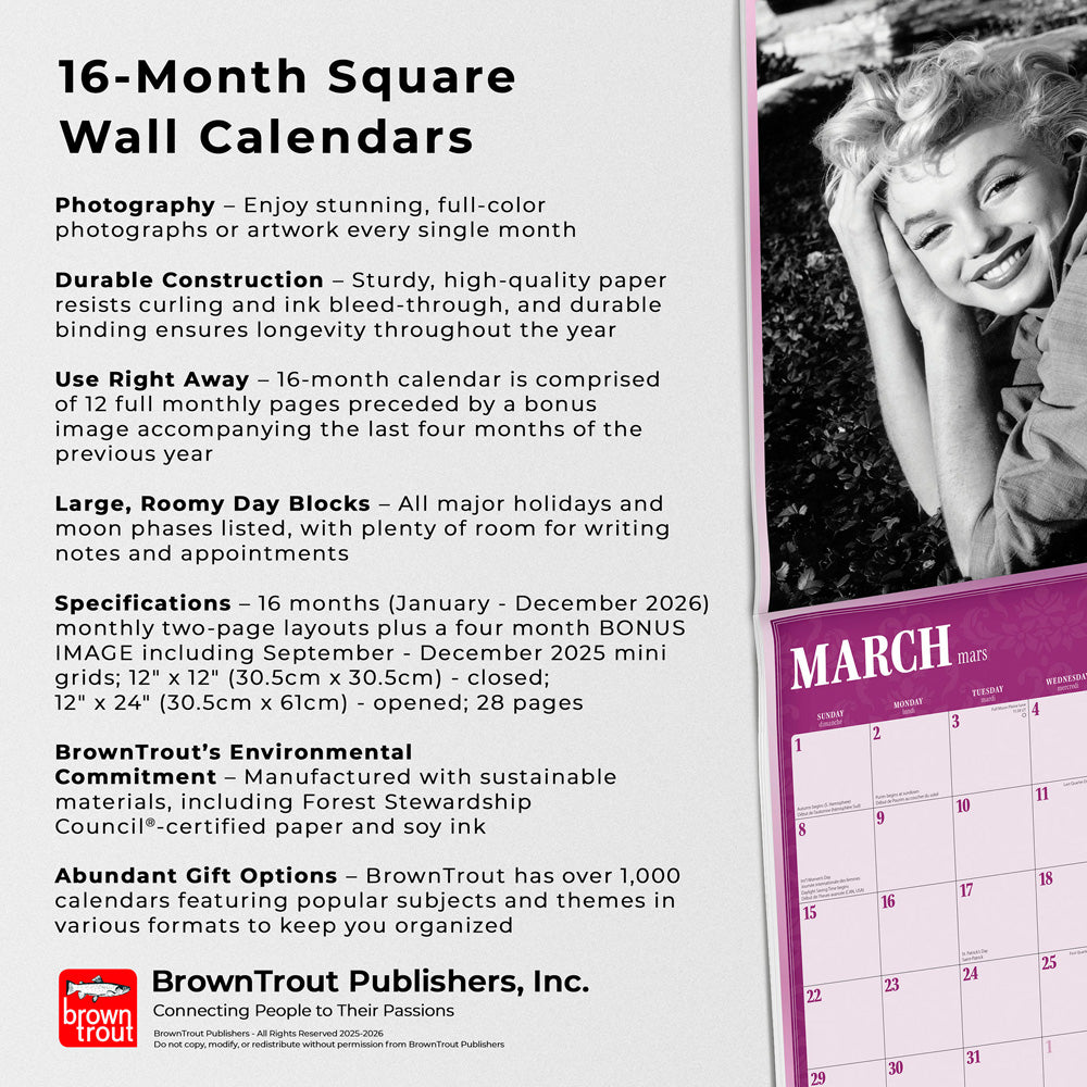 Marilyn Monroe OFFICIAL | 2026 12 x 24 Inch (Hanging) Monthly Square Wall Calendar | English/French Bilingual