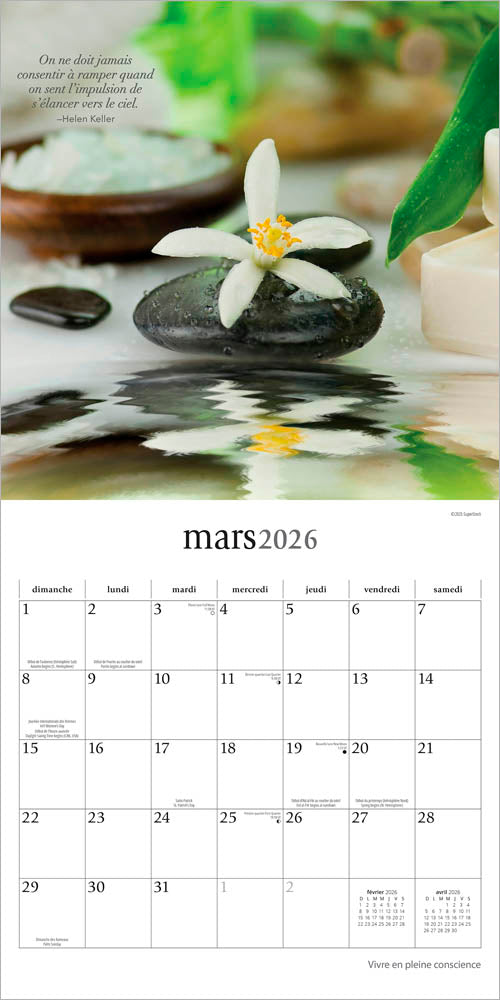 Vivre en pleine conscience | 2026 12 x 24 Inch (Hanging) Monthly Square Wall Calendar | French Language