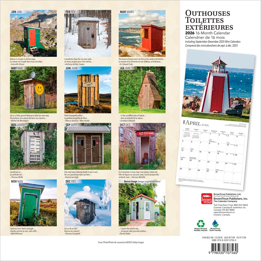 Outhouses | 2026 12 x 24 Inch (Hanging) Monthly Square Wall Calendar | English/French Bilingual