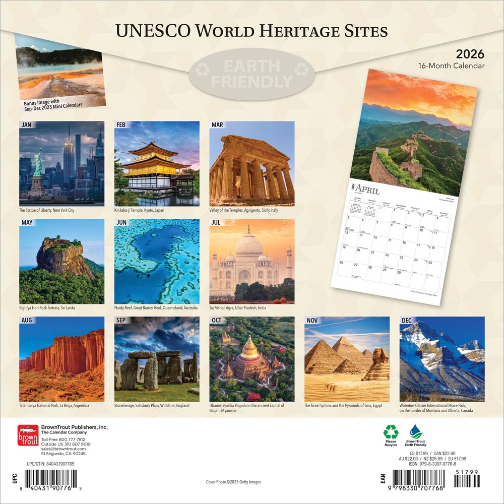 UNESCO World Heritage Sites | 2026 12 x 24 Inch (Hanging) Monthly Square Wall Calendar | Foil Stamped Cover