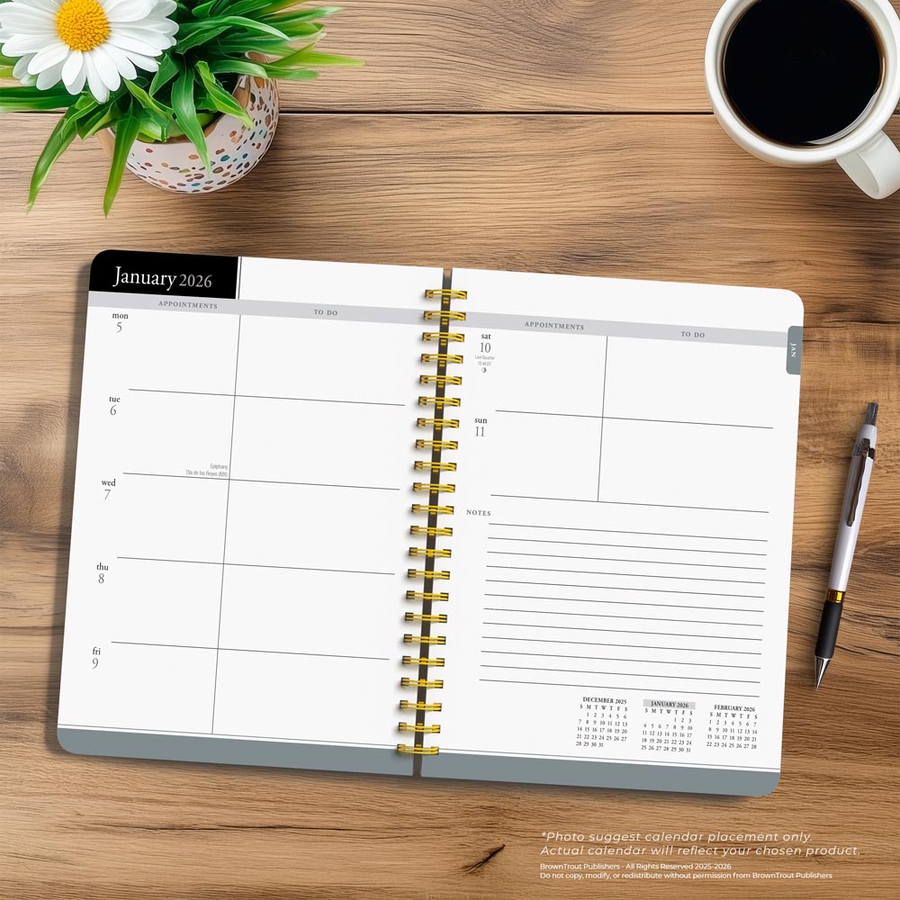 Black Solid | 2026 6 x 7.75 Inch Weekly Desk Planner | Foil Stamped Cover