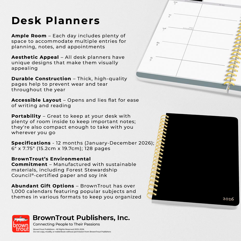 Black Solid | 2026 6 x 7.75 Inch Weekly Desk Planner | Foil Stamped Cover