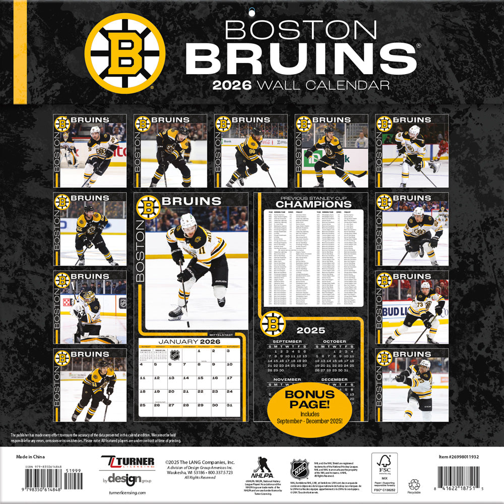 NHL Boston Bruins 2026 12x12 Wall Calendar