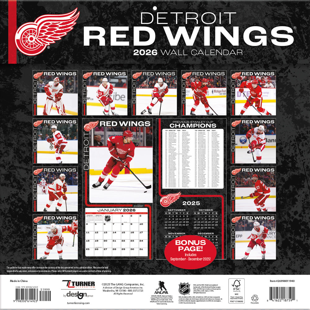 NHL Detroit Red Wings 2026 12x12 Wall Calendar
