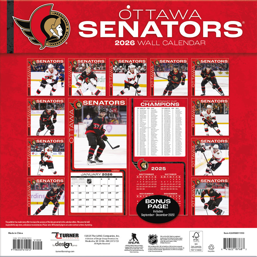 NHL Ottawa Senators 2026 12x12 Wall Calendar