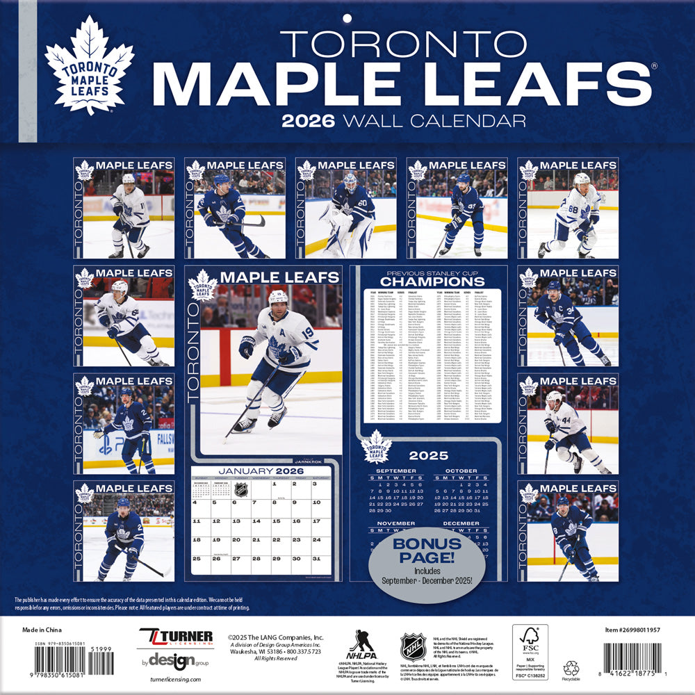 NHL Toronto Maple Leafs 2026 12x12 Wall Calendar